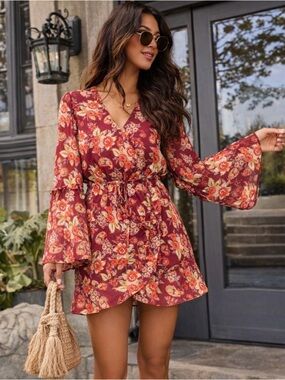 VICI Burgundy Floral Mini Dress with Bell Sleeves NWOT
